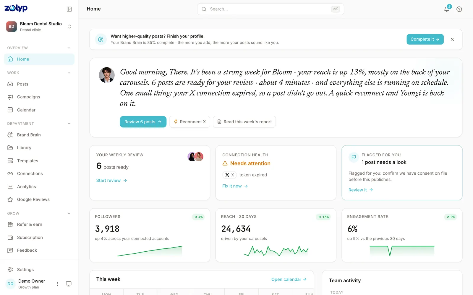Zolyp's home screen: the AI team's weekly note, six posts ready for review, a flagged post and connection health