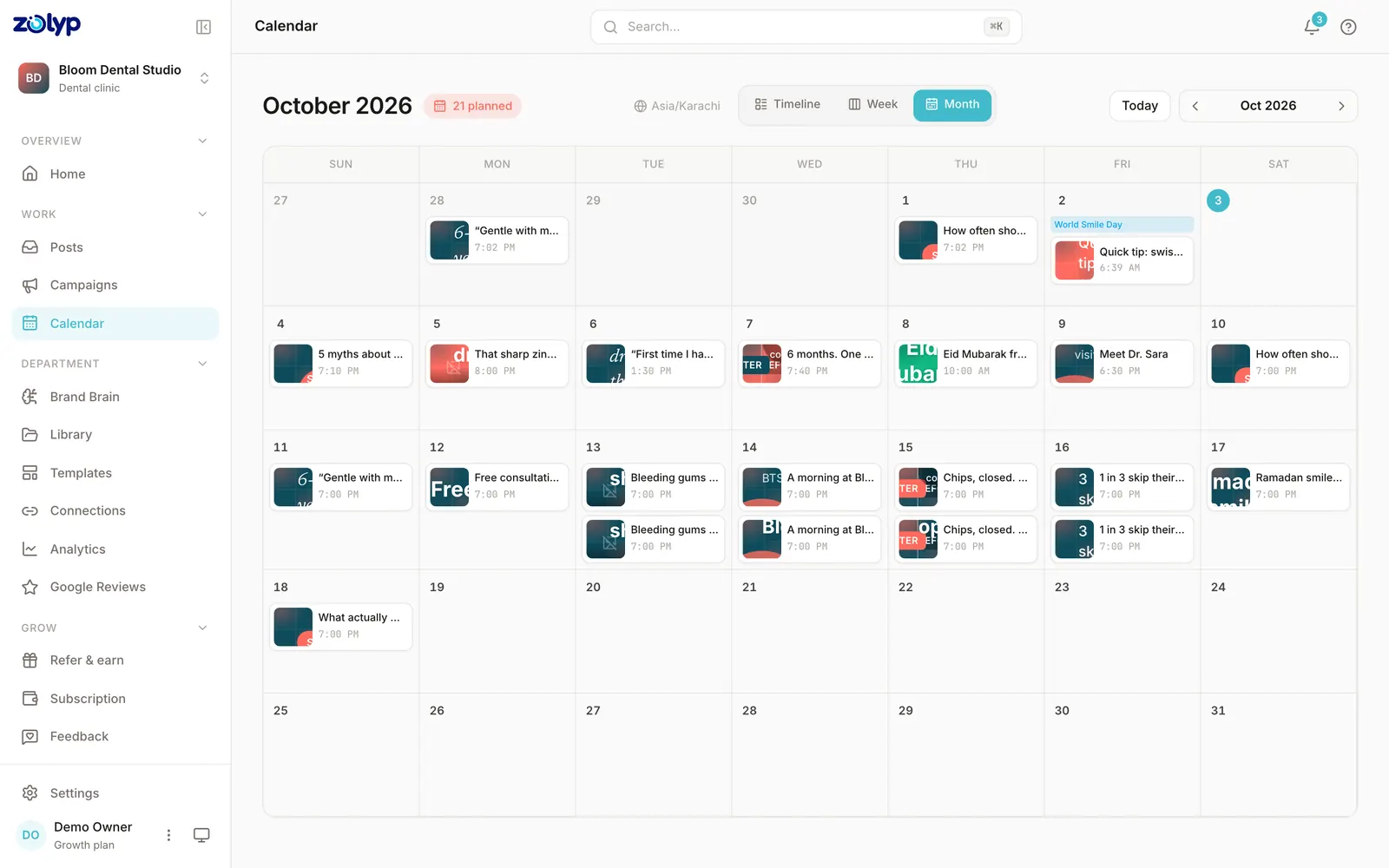 Zolyp's content calendar in month view, where planned Google Business posts sit next to every other platform's