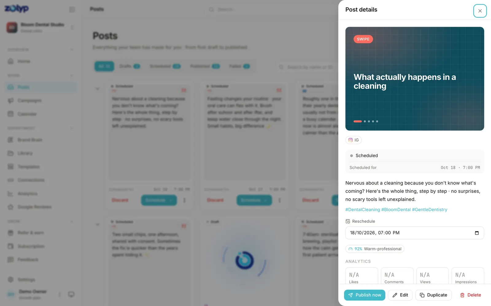 A post open in Zolyp's post details panel: the carousel, caption and hashtags, scheduled time, and Edit, Duplicate and Publish now