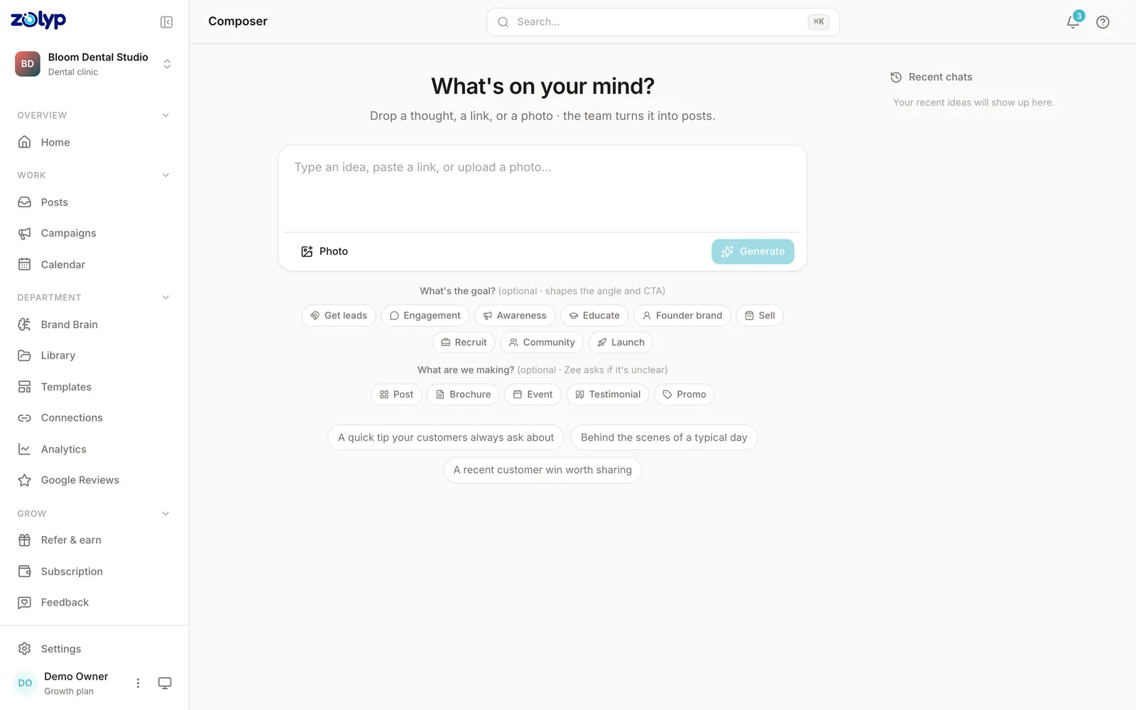 Zolyp's composer: an empty idea box with goal and format choices such as Get leads, Educate, Testimonial and Promo