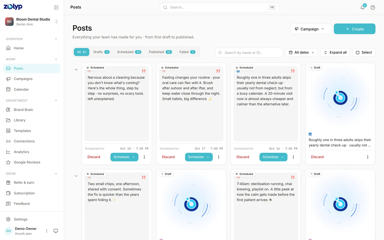 Zolyp's posts list filtered to all posts, showing scheduled and draft posts with their publish times